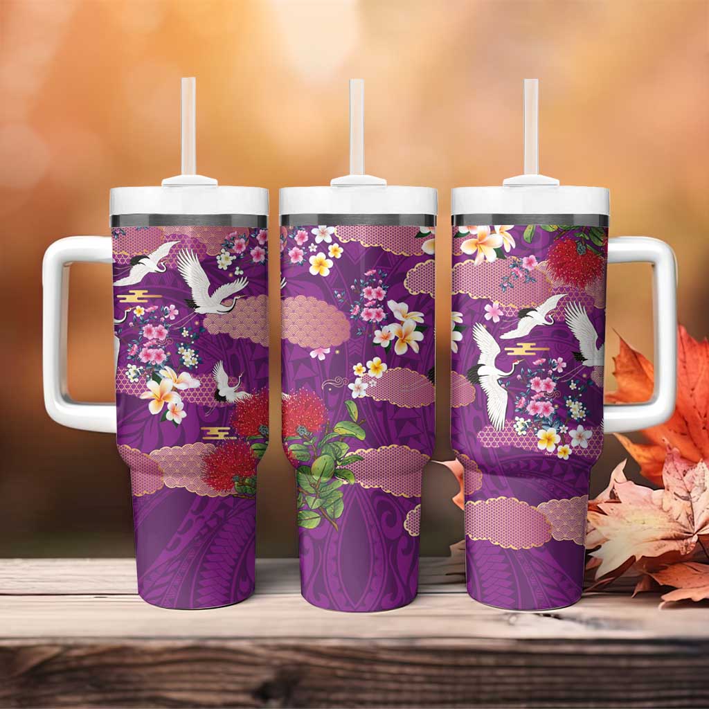 Hawaiian and Japanese Culture Together Tumbler With Handle Purple Ohia Lehua Plumeria and Sakura Blooming LT03 - Polynesian Pride