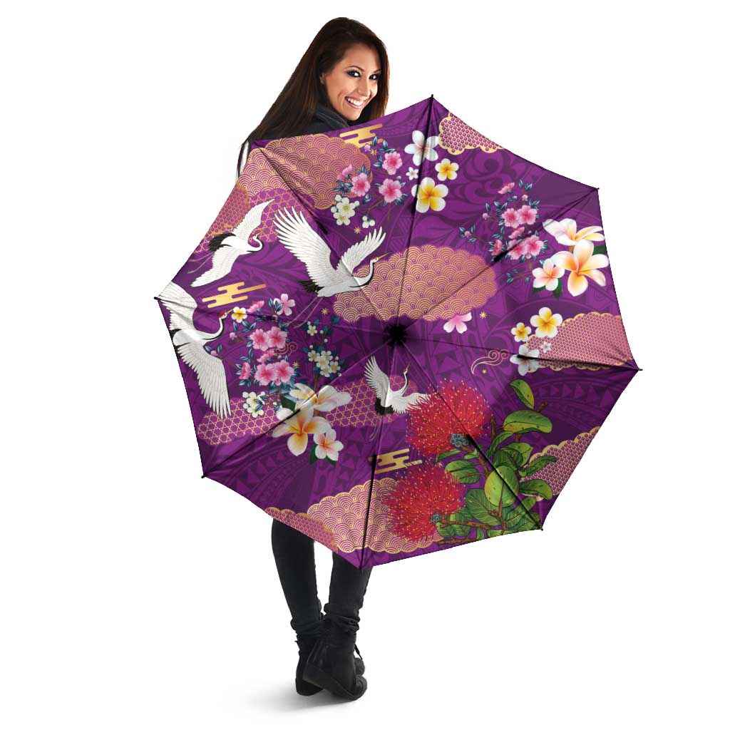 Hawaiian and Japanese Culture Together Umbrella Purple Ohia Lehua Plumeria and Sakura Blooming LT03 - Polynesian Pride