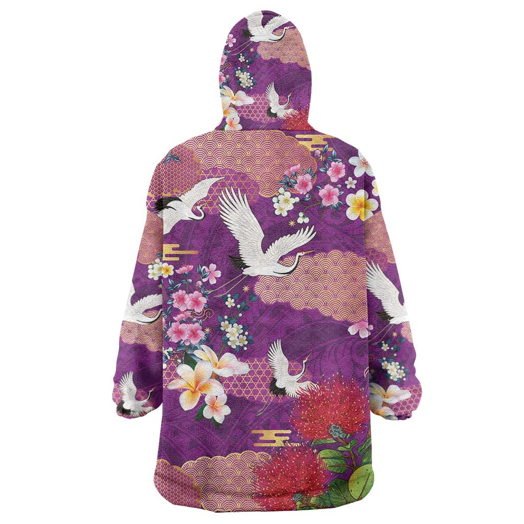 Hawaiian and Japanese Culture Together Wearable Blanket Hoodie Purple Ohia Lehua Plumeria and Sakura Blooming LT03 - Polynesian Pride