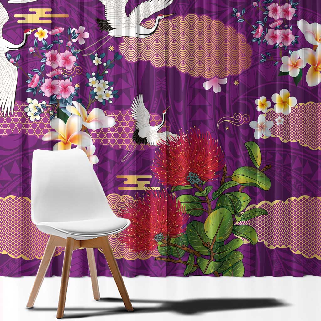 Hawaiian and Japanese Culture Together Window Curtain Purple Ohia Lehua Plumeria and Sakura Blooming LT03 - Polynesian Pride