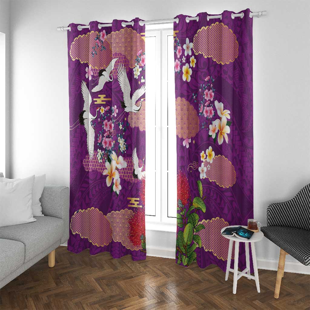 Hawaiian and Japanese Culture Together Window Curtain Purple Ohia Lehua Plumeria and Sakura Blooming LT03 With Grommets Purple - Polynesian Pride