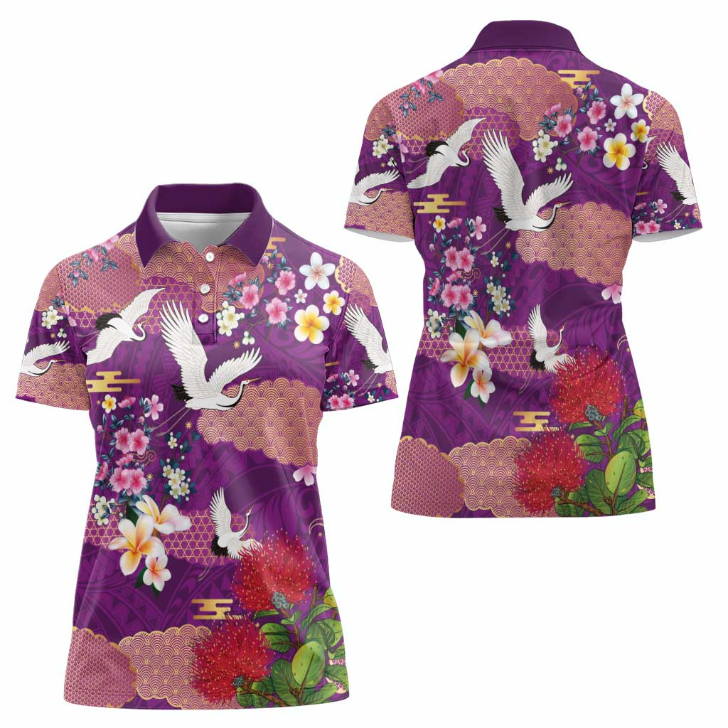 Hawaiian and Japanese Culture Together Women Polo Shirt Purple Ohia Lehua Plumeria and Sakura Blooming - Polynesian Pride