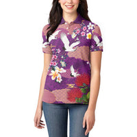 Hawaiian and Japanese Culture Together Women Polo Shirt Purple Ohia Lehua Plumeria and Sakura Blooming - Polynesian Pride