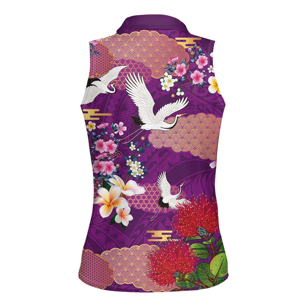 Hawaiian and Japanese Culture Together Women Sleeveless Polo Shirt Purple Ohia Lehua Plumeria and Sakura Blooming LT03 - Polynesian Pride