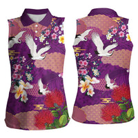 Hawaiian and Japanese Culture Together Women Sleeveless Polo Shirt Purple Ohia Lehua Plumeria and Sakura Blooming LT03 - Polynesian Pride