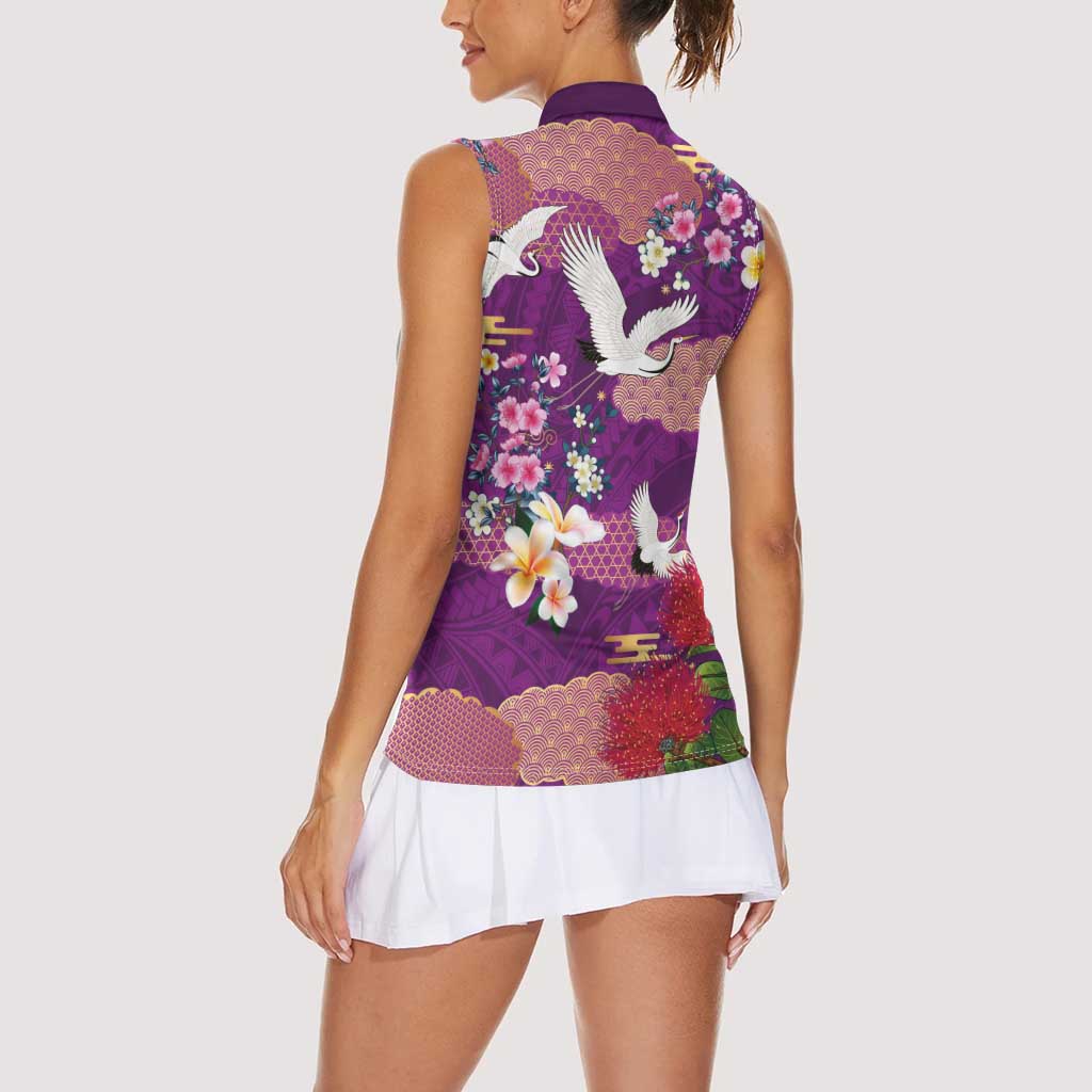 Hawaiian and Japanese Culture Together Women Sleeveless Polo Shirt Purple Ohia Lehua Plumeria and Sakura Blooming LT03 - Polynesian Pride