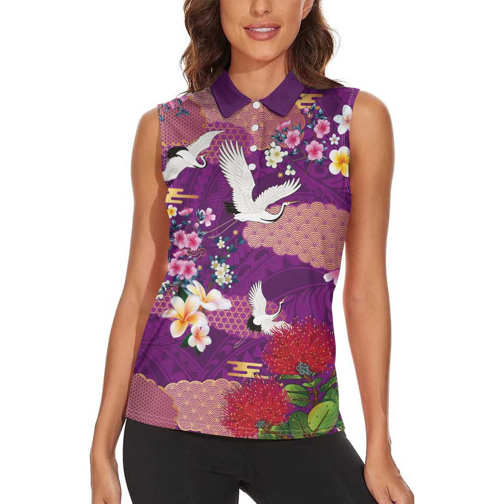 Hawaiian and Japanese Culture Together Women Sleeveless Polo Shirt Purple Ohia Lehua Plumeria and Sakura Blooming LT03 - Polynesian Pride