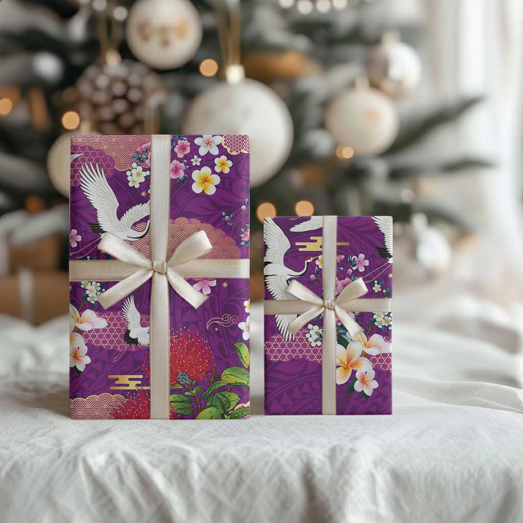Hawaiian and Japanese Culture Together Wrapping Paper Purple Ohia Lehua Plumeria and Sakura Blooming LT03 - Polynesian Pride