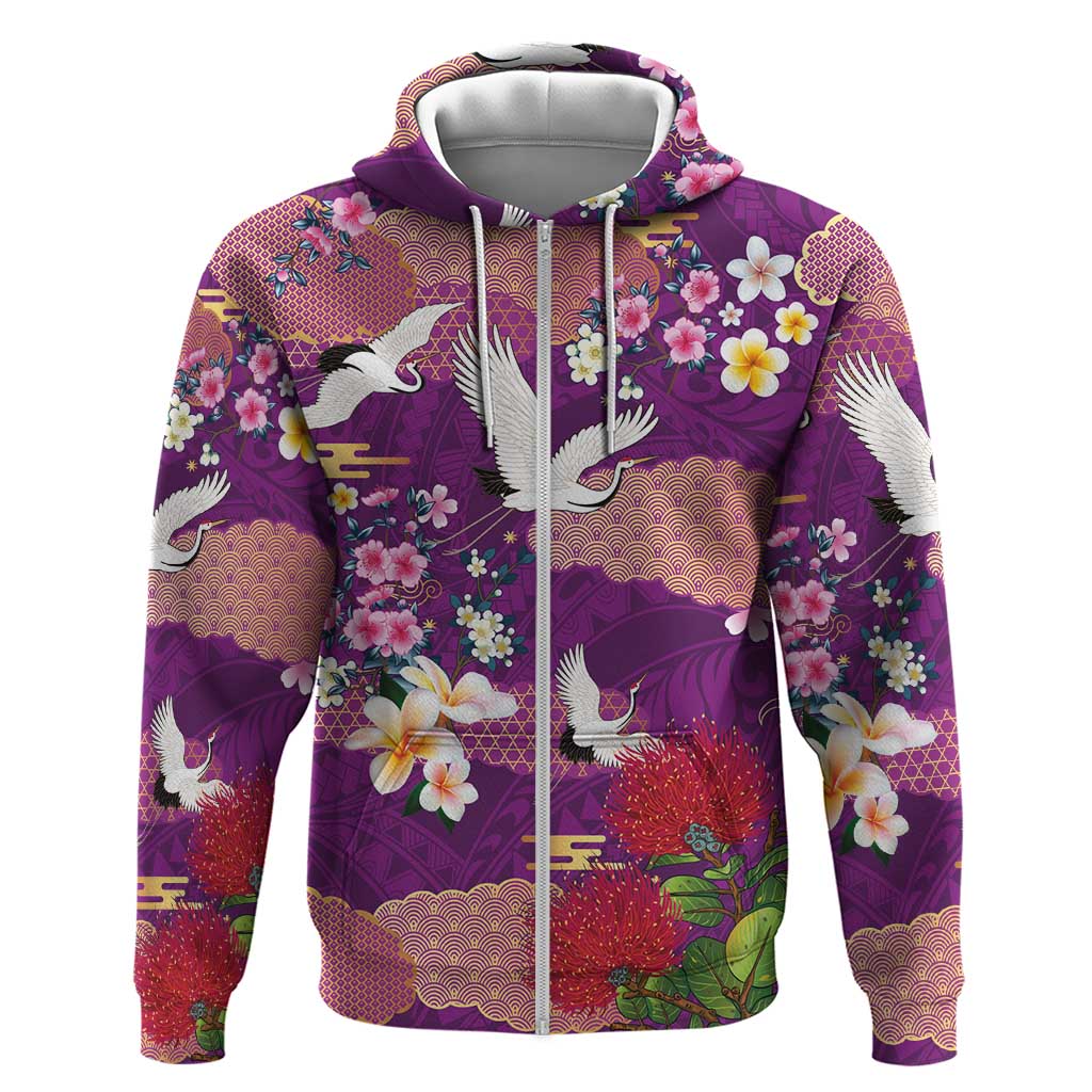 Hawaiian and Japanese Culture Together Zip Hoodie Purple Ohia Lehua Plumeria and Sakura Blooming LT03 Zip Hoodie Purple - Polynesian Pride