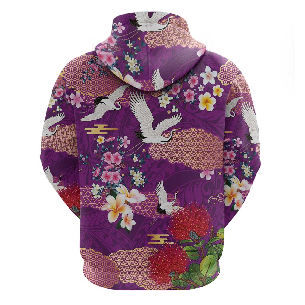 Hawaiian and Japanese Culture Together Zip Hoodie Purple Ohia Lehua Plumeria and Sakura Blooming LT03 - Polynesian Pride