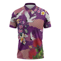 Hawaiian and Japanese Culture Together Zipper Polo Shirt Purple Ohia Lehua Plumeria and Sakura Blooming LT03 Purple - Polynesian Pride