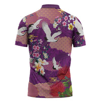 Hawaiian and Japanese Culture Together Zipper Polo Shirt Purple Ohia Lehua Plumeria and Sakura Blooming LT03 - Polynesian Pride