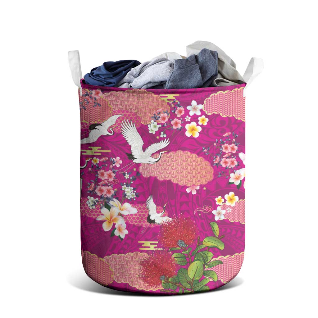 Hawaiian and Japanese Culture Together Laundry Basket Pink Ohia Lehua Plumeria and Sakura Blooming LT03 - Polynesian Pride