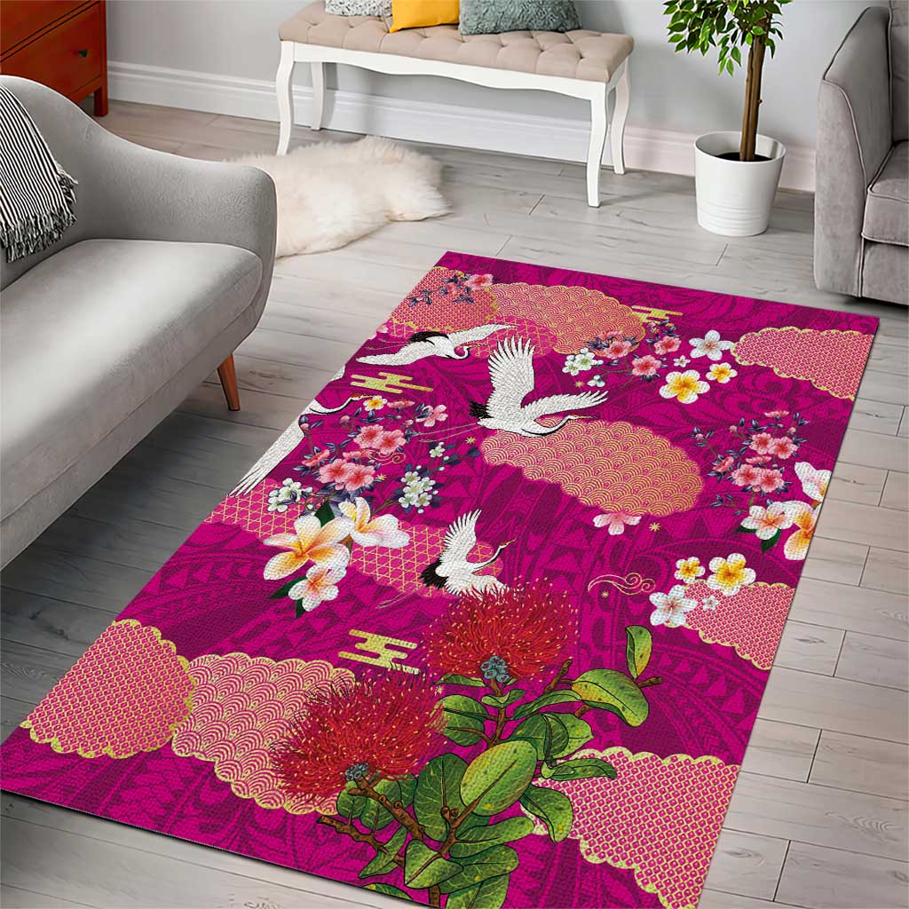 Hawaiian and Japanese Culture Together Area Rug Pink Ohia Lehua Plumeria and Sakura Blooming LT03 - Polynesian Pride