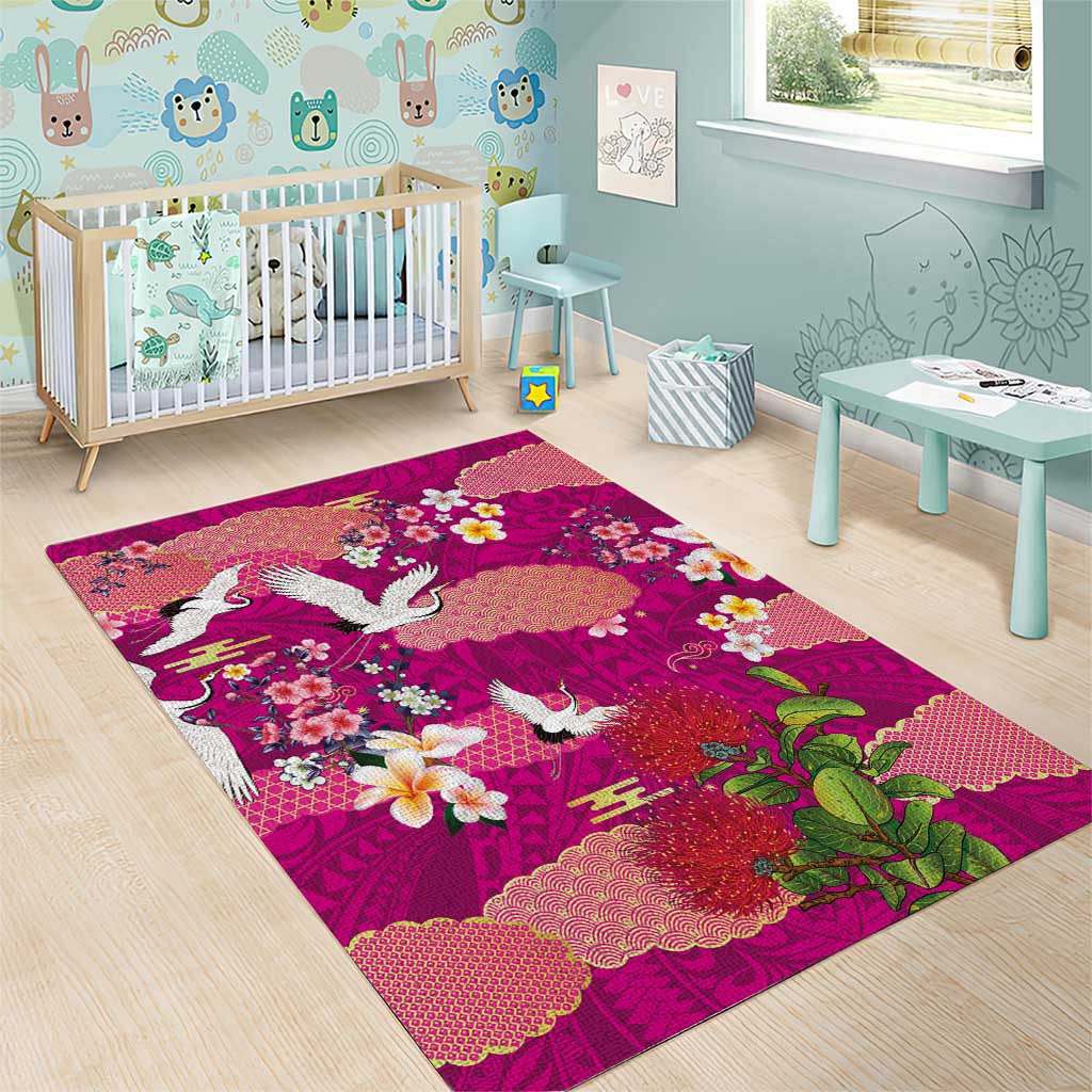 Hawaiian and Japanese Culture Together Area Rug Pink Ohia Lehua Plumeria and Sakura Blooming LT03 - Polynesian Pride