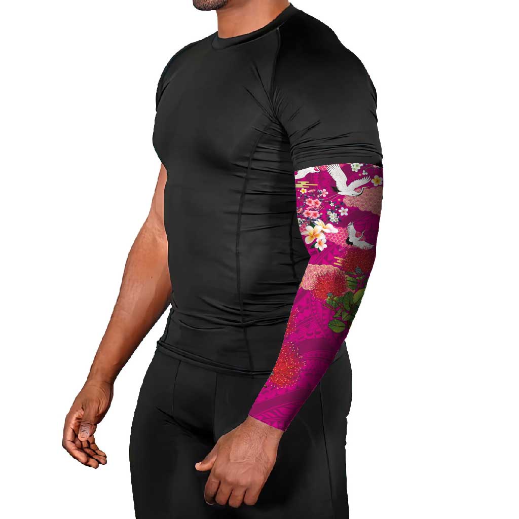 Hawaiian and Japanese Culture Together Arm Sleeves Pink Ohia Lehua Plumeria and Sakura Blooming LT03 - Polynesian Pride