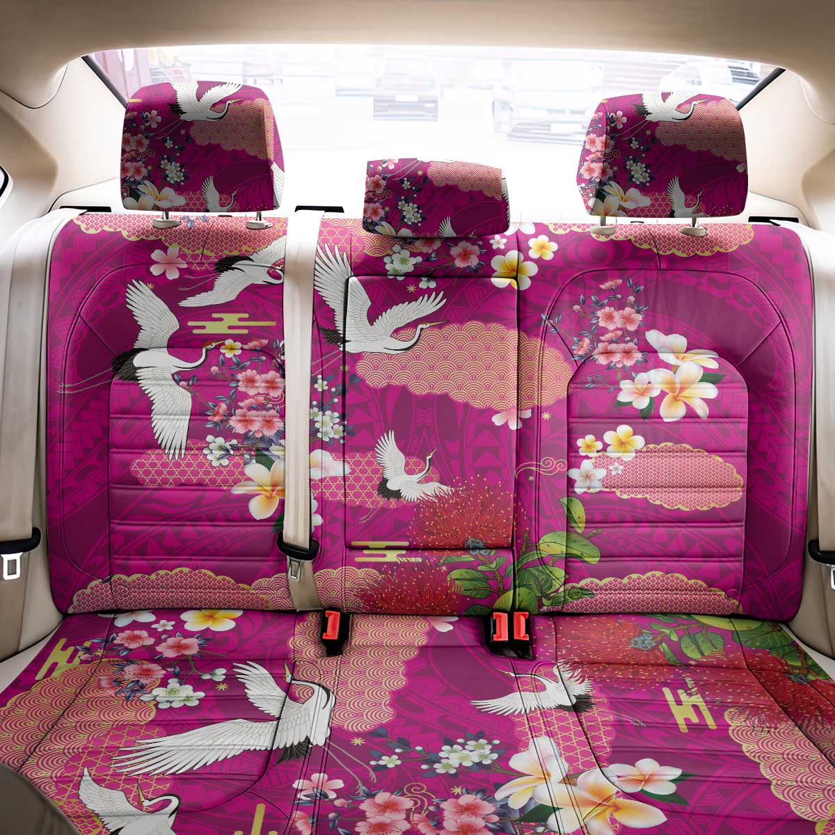 Hawaiian and Japanese Culture Together Back Car Seat Cover Pink Ohia Lehua Plumeria and Sakura Blooming LT03 - Polynesian Pride