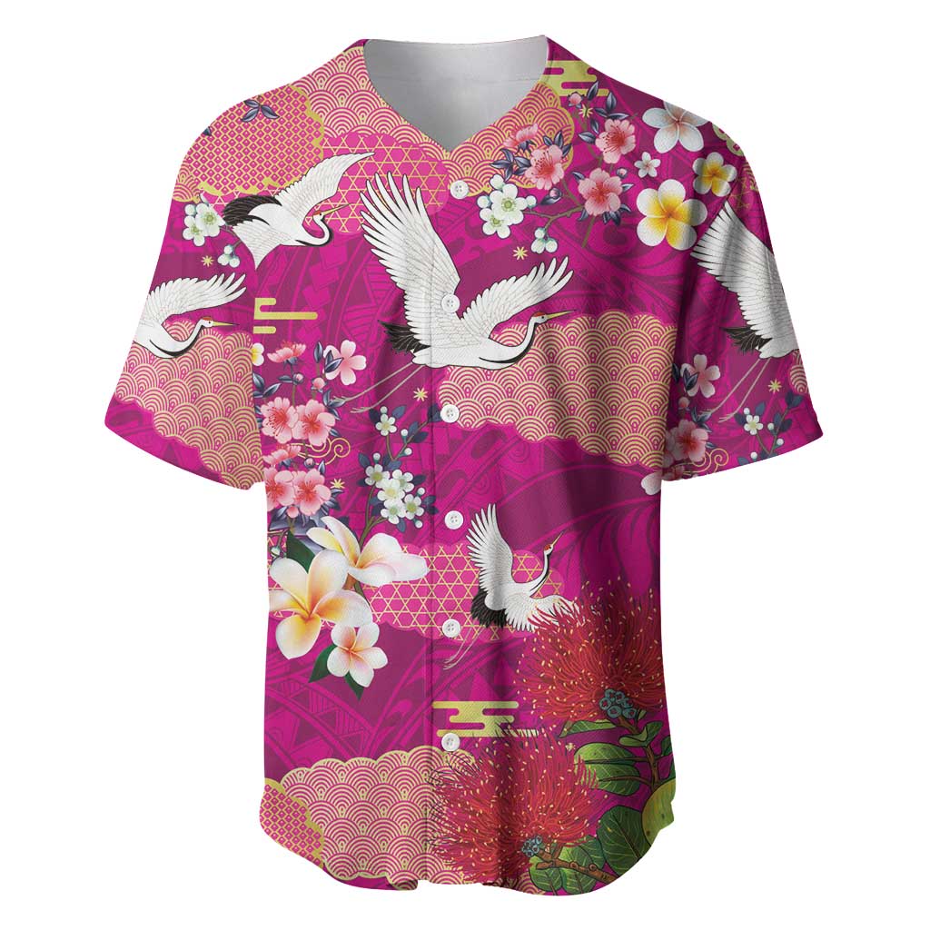 Hawaiian and Japanese Culture Together Baseball Jersey Pink Ohia Lehua Plumeria and Sakura Blooming - Polynesian Pride