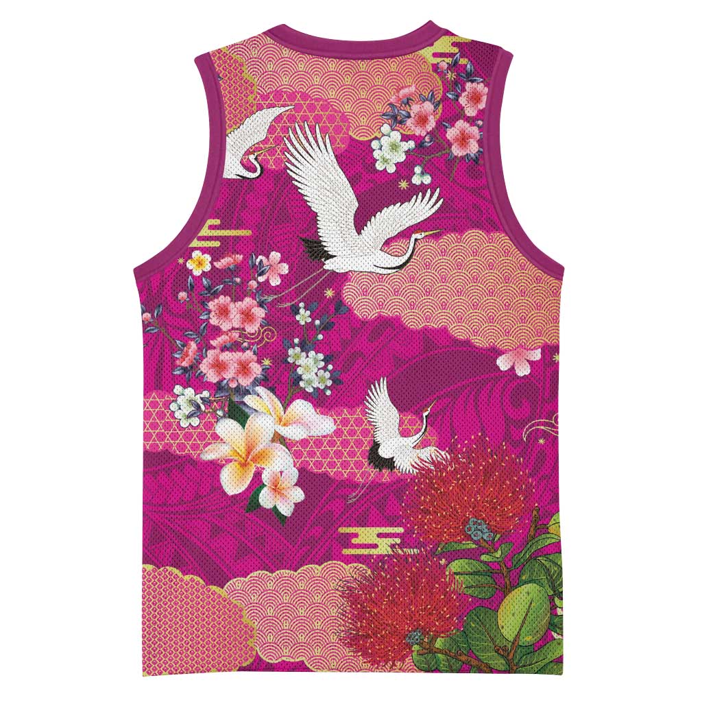 Hawaiian and Japanese Culture Together Basketball Jersey Pink Ohia Lehua Plumeria and Sakura Blooming LT03 - Polynesian Pride