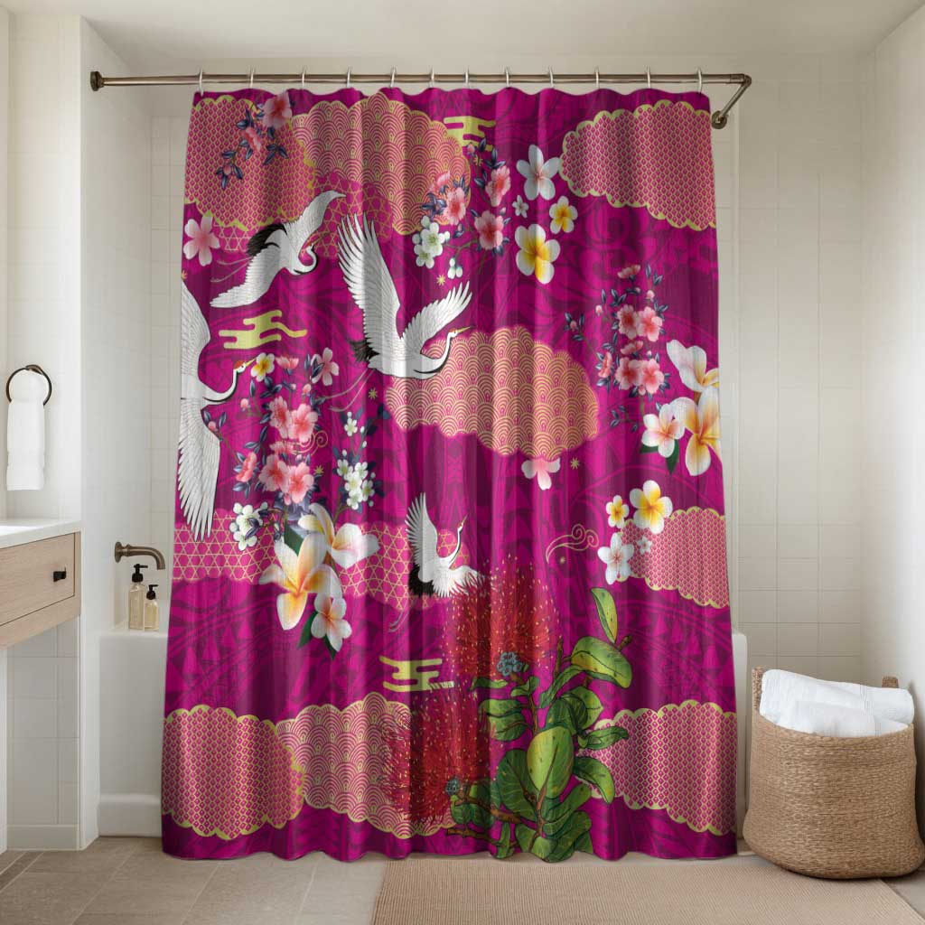 Hawaiian and Japanese Culture Together Bathroom Set Pink Ohia Lehua Plumeria and Sakura Blooming LT03 Shower Curtain Only Pink - Polynesian Pride