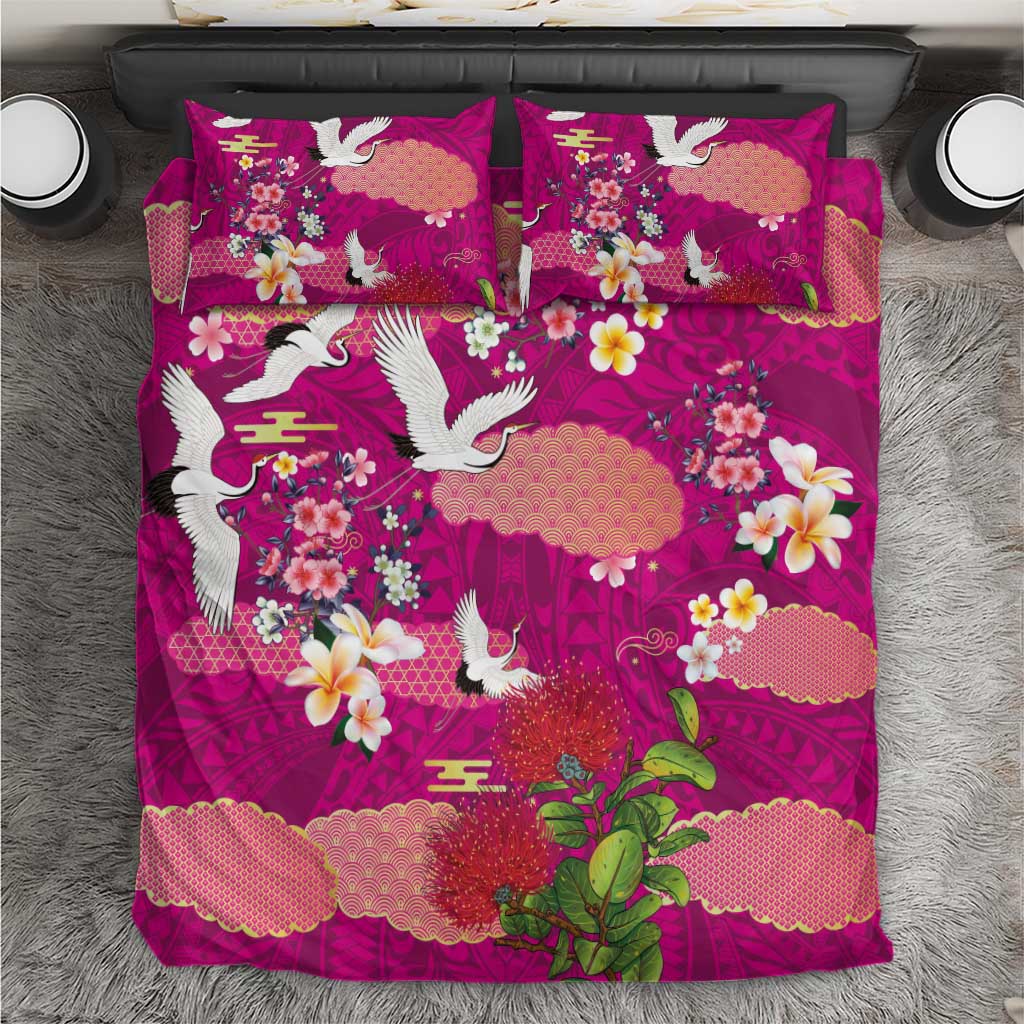 Hawaiian and Japanese Culture Together Bedding Set Pink Ohia Lehua Plumeria and Sakura Blooming LT03 Pink - Polynesian Pride