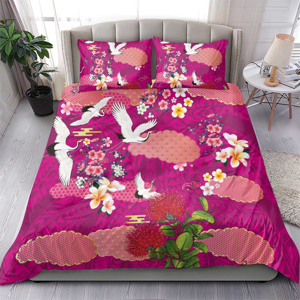 Hawaiian and Japanese Culture Together Bedding Set Pink Ohia Lehua Plumeria and Sakura Blooming LT03 - Polynesian Pride