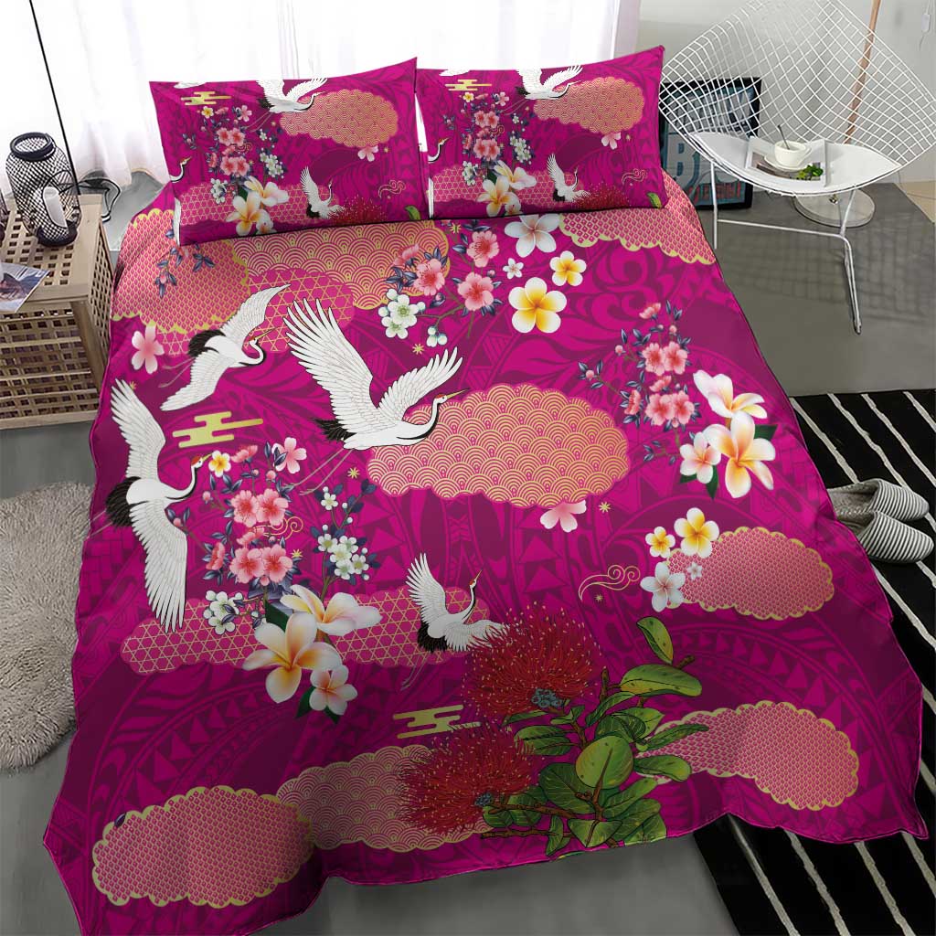 Hawaiian and Japanese Culture Together Bedding Set Pink Ohia Lehua Plumeria and Sakura Blooming LT03 - Polynesian Pride