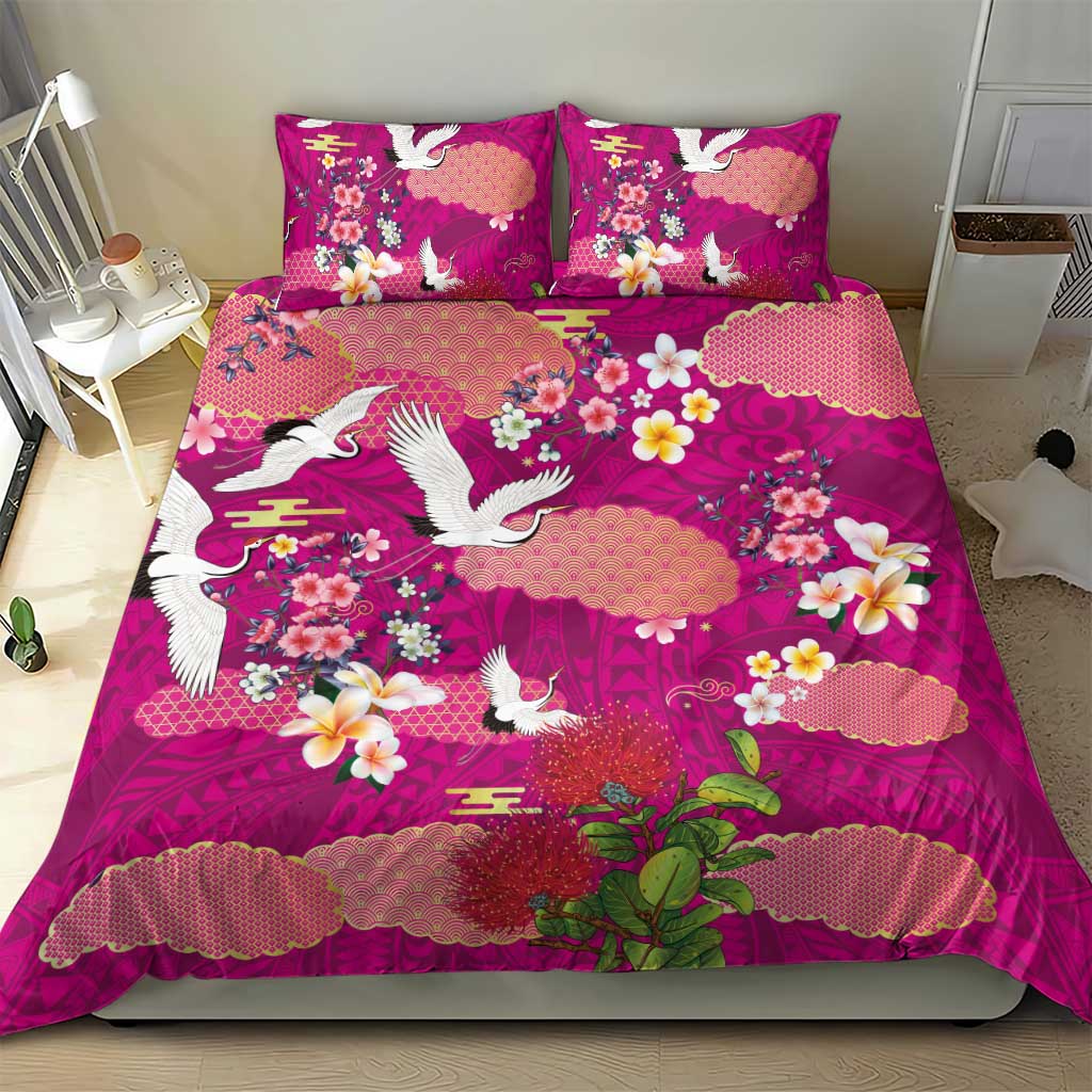 Hawaiian and Japanese Culture Together Bedding Set Pink Ohia Lehua Plumeria and Sakura Blooming LT03 - Polynesian Pride