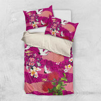 Hawaiian and Japanese Culture Together Bedding Set Pink Ohia Lehua Plumeria and Sakura Blooming LT03 US Twin 172cm x 218cm Pink - Polynesian Pride