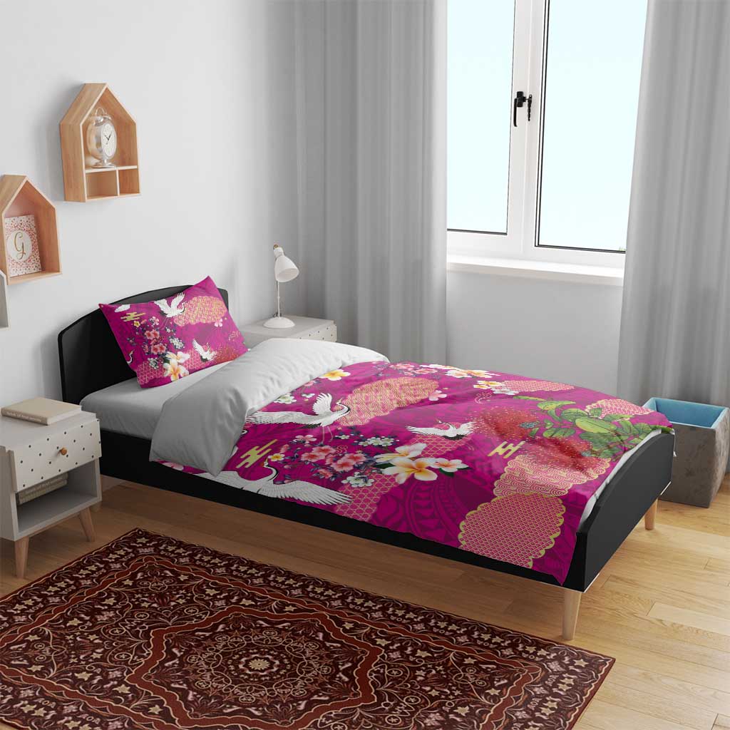 Hawaiian and Japanese Culture Together Bedding Set Pink Ohia Lehua Plumeria and Sakura Blooming LT03 - Polynesian Pride