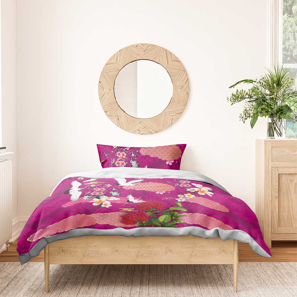Hawaiian and Japanese Culture Together Bedding Set Pink Ohia Lehua Plumeria and Sakura Blooming LT03 - Polynesian Pride