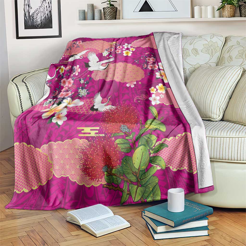 Hawaiian and Japanese Culture Together Blanket Pink Ohia Lehua Plumeria and Sakura Blooming LT03 Pink - Polynesian Pride