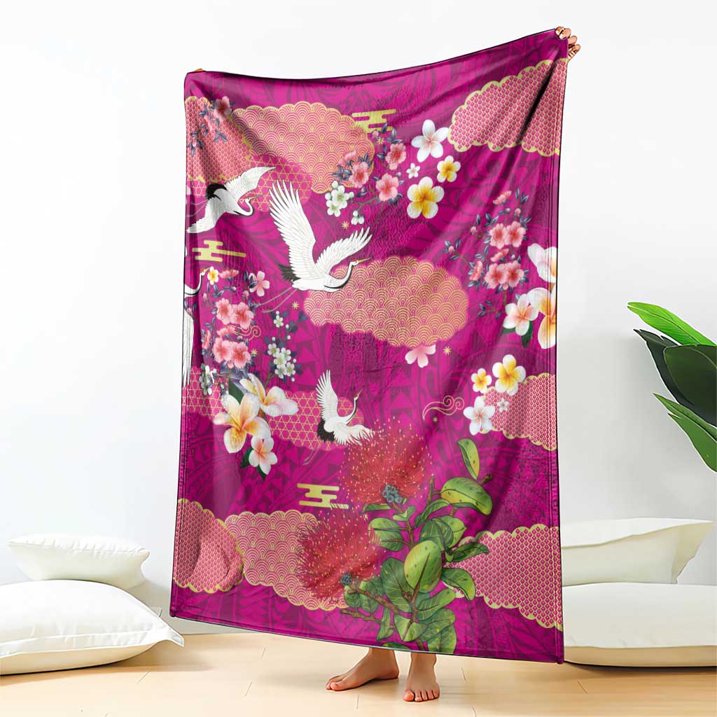 Hawaiian and Japanese Culture Together Blanket Pink Ohia Lehua Plumeria and Sakura Blooming LT03 - Polynesian Pride