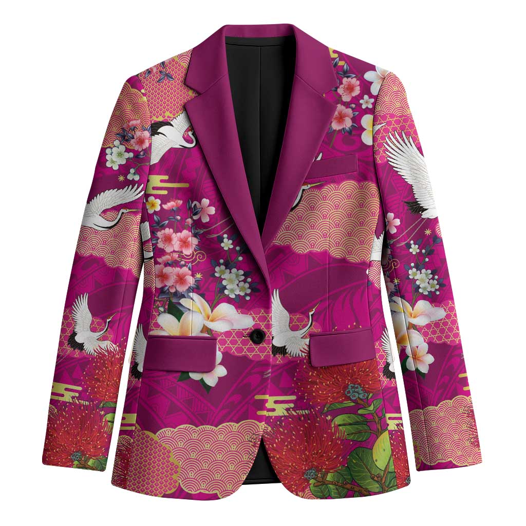 Hawaiian and Japanese Culture Together Blazer Pink Ohia Lehua Plumeria and Sakura Blooming LT03 Unisex Pink - Polynesian Pride
