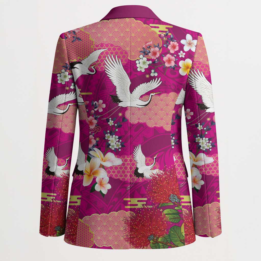 Hawaiian and Japanese Culture Together Blazer Pink Ohia Lehua Plumeria and Sakura Blooming LT03 - Polynesian Pride