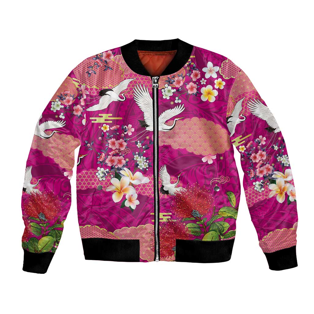Hawaiian and Japanese Culture Together Bomber Jacket Pink Ohia Lehua Plumeria and Sakura Blooming LT03 Unisex Pink - Polynesian Pride