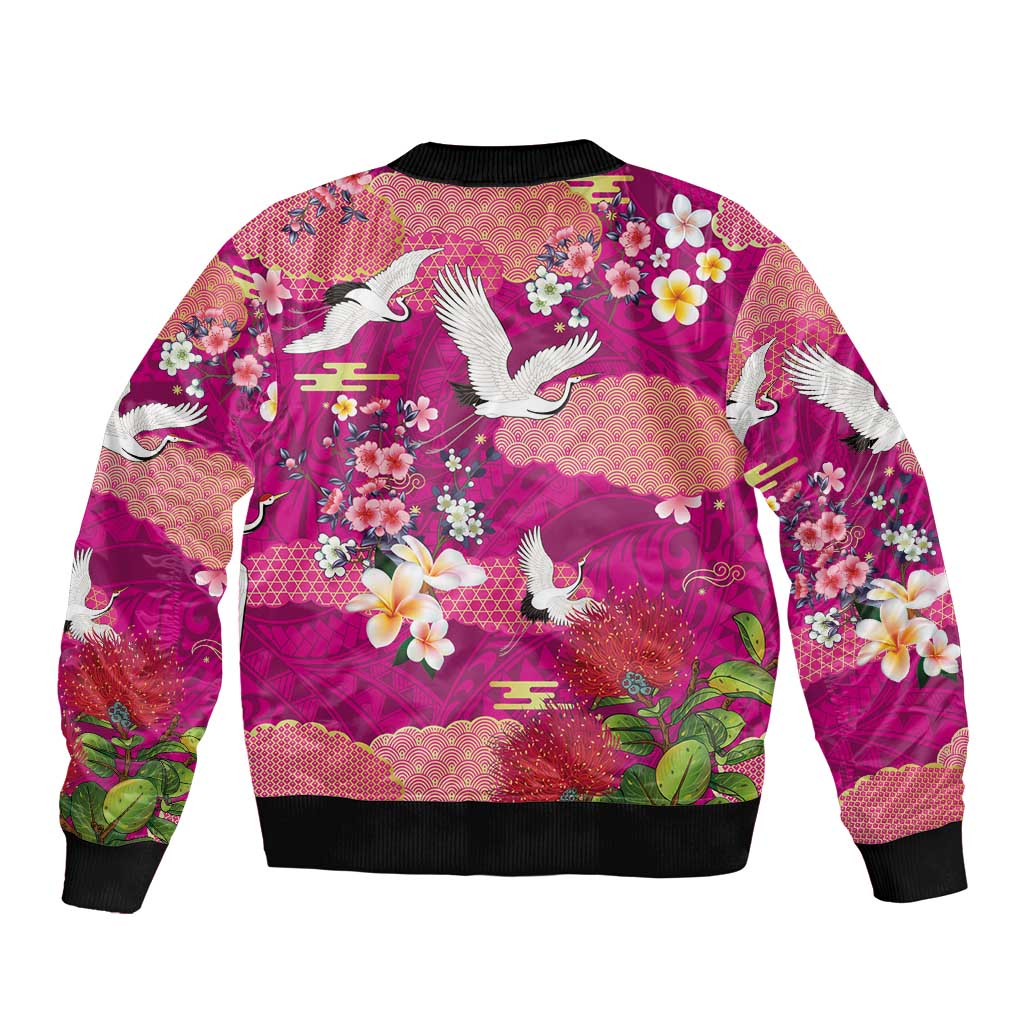 Hawaiian and Japanese Culture Together Bomber Jacket Pink Ohia Lehua Plumeria and Sakura Blooming LT03 - Polynesian Pride