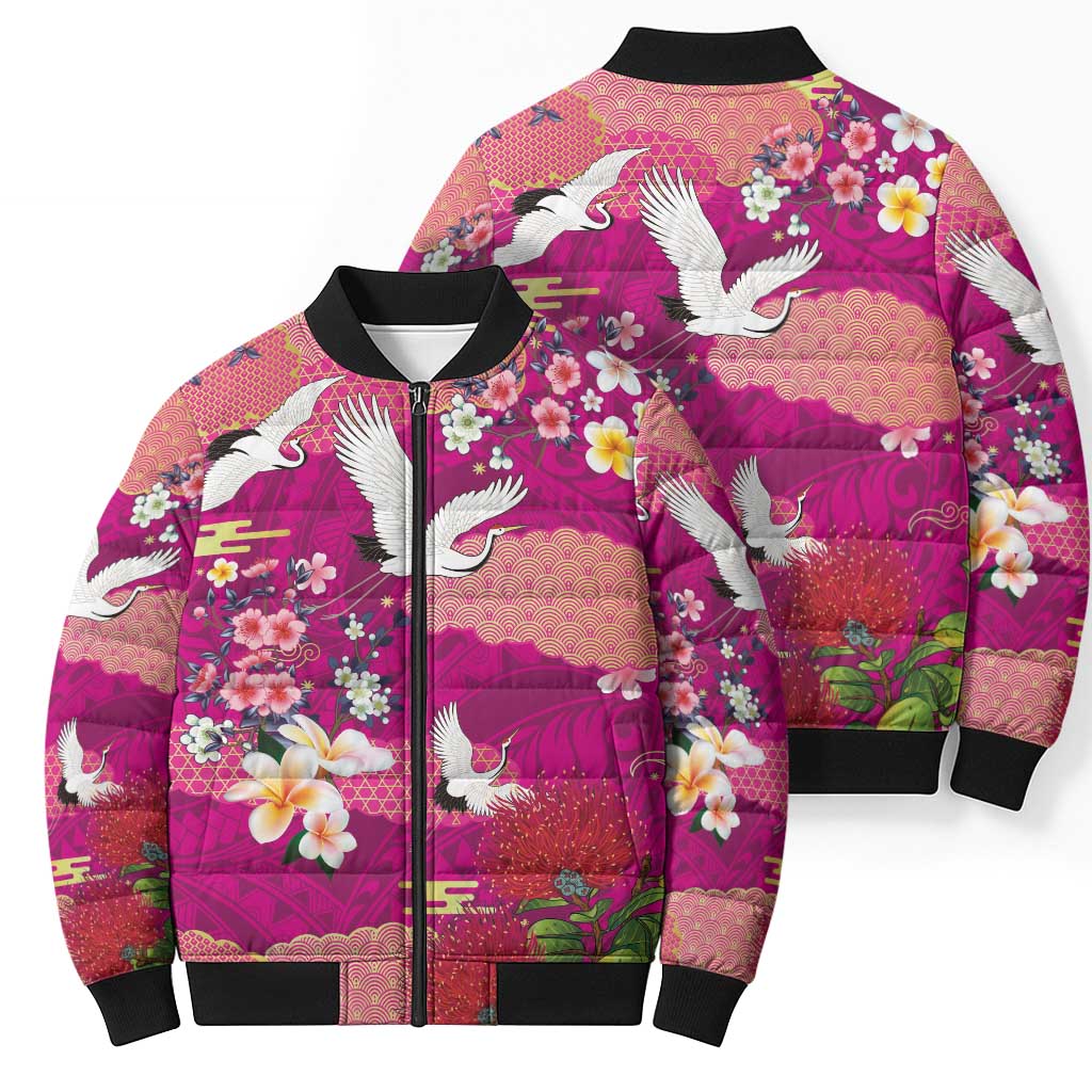 Hawaiian and Japanese Culture Together Bomber Puffer Jacket Pink Ohia Lehua Plumeria and Sakura Blooming LT03 - Polynesian Pride