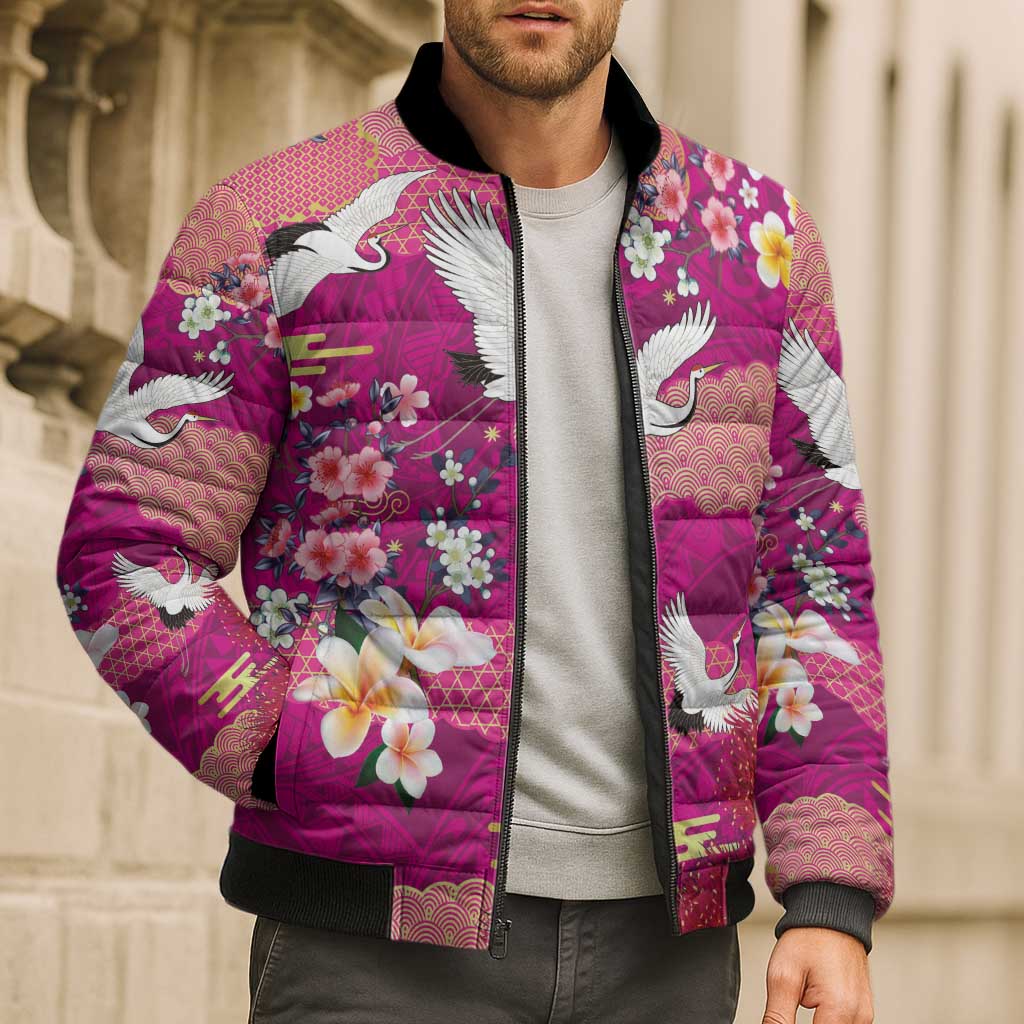 Hawaiian and Japanese Culture Together Bomber Puffer Jacket Pink Ohia Lehua Plumeria and Sakura Blooming LT03 - Polynesian Pride