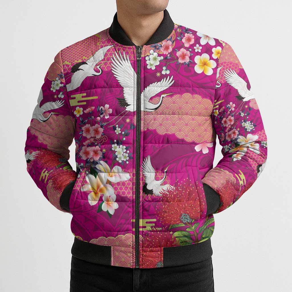 Hawaiian and Japanese Culture Together Bomber Puffer Jacket Pink Ohia Lehua Plumeria and Sakura Blooming LT03 - Polynesian Pride