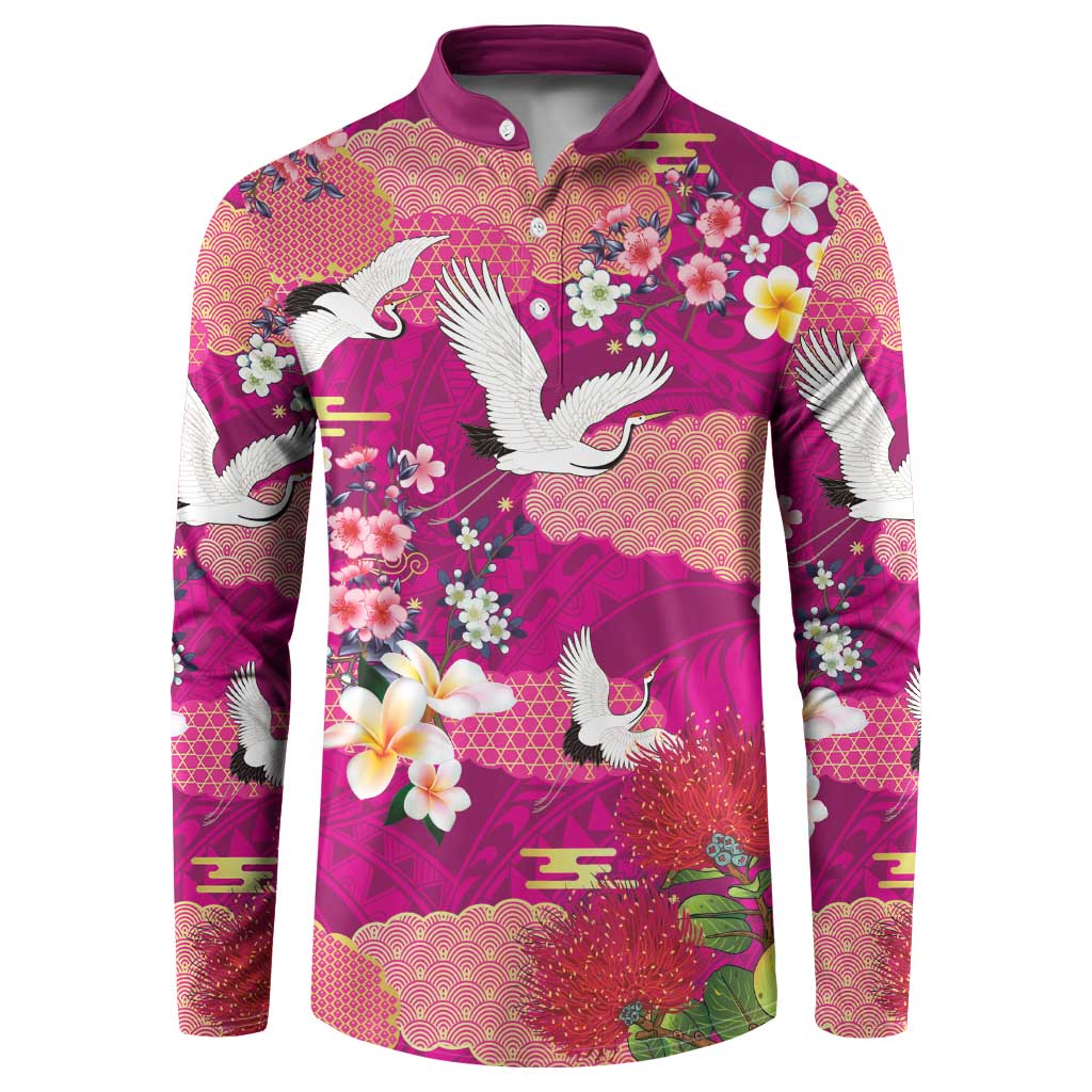 Hawaiian and Japanese Culture Together Button Sweatshirt Pink Ohia Lehua Plumeria and Sakura Blooming LT03 Pink - Polynesian Pride