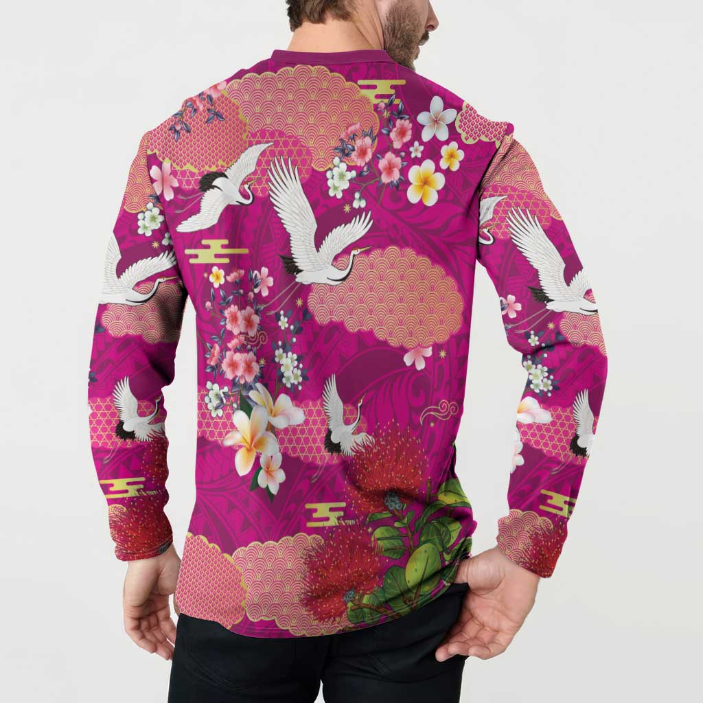 Hawaiian and Japanese Culture Together Button Sweatshirt Pink Ohia Lehua Plumeria and Sakura Blooming LT03 - Polynesian Pride