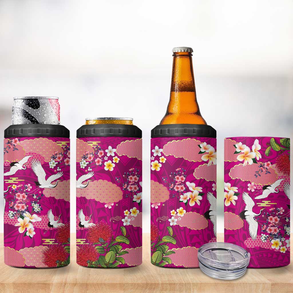 Hawaiian and Japanese Culture Together 4 in 1 Can Cooler Tumbler Pink Ohia Lehua Plumeria and Sakura Blooming LT03 - Polynesian Pride