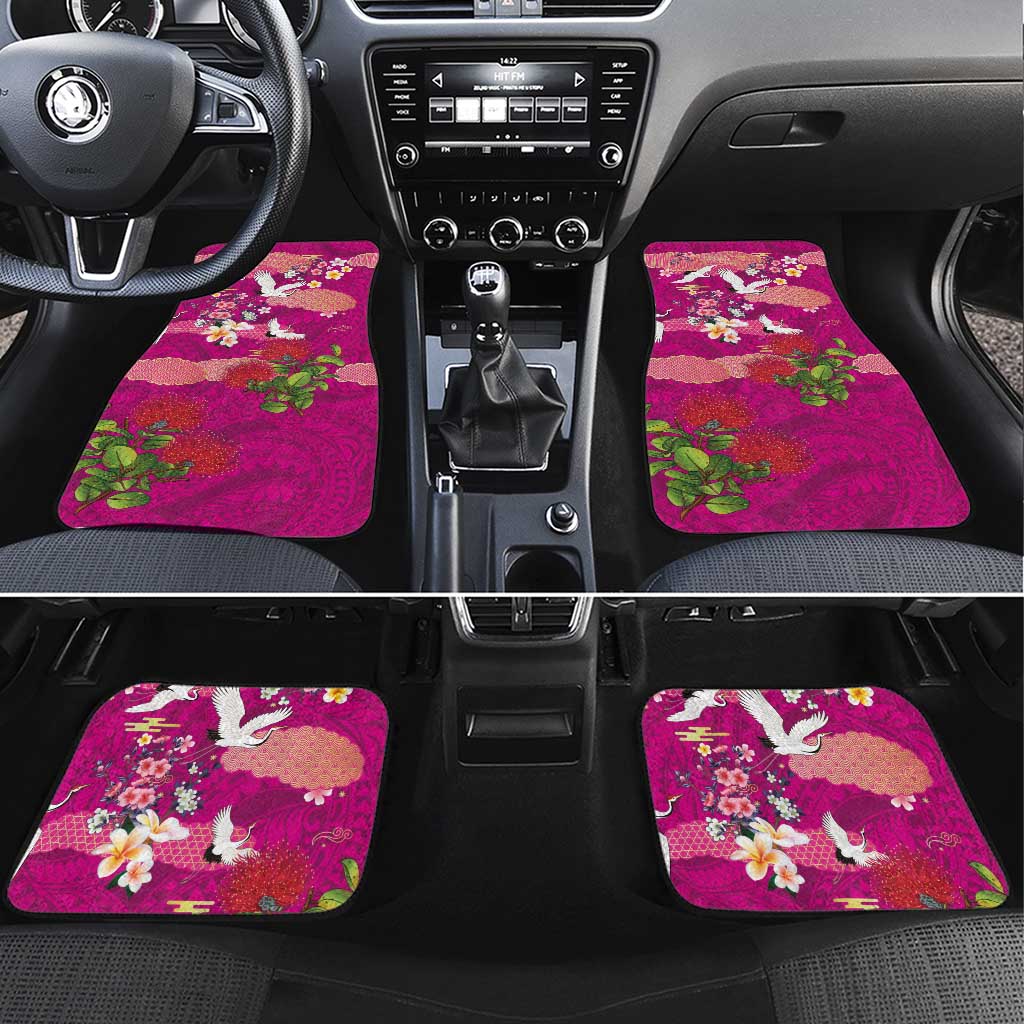 Hawaiian and Japanese Culture Together Car Mats Pink Ohia Lehua Plumeria and Sakura Blooming LT03 Set 4pcs Pink - Polynesian Pride