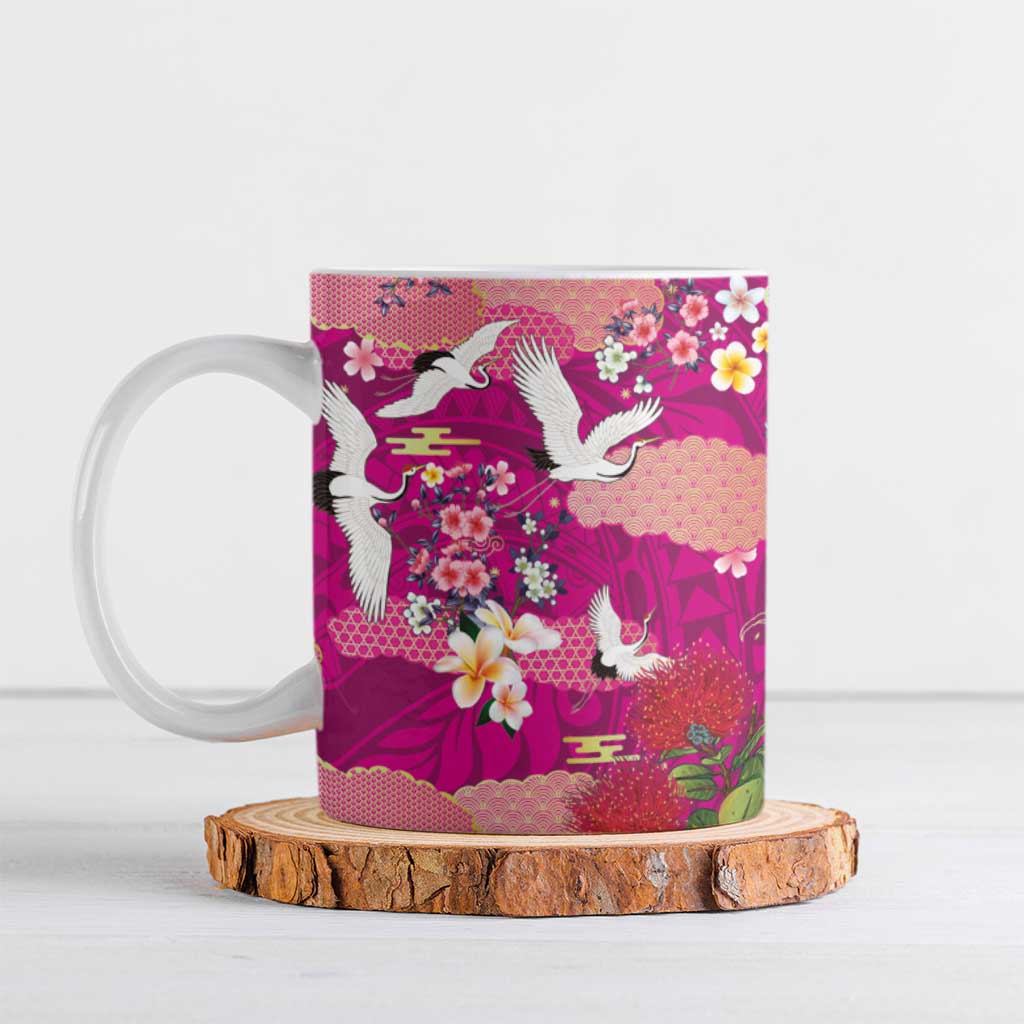 Hawaiian and Japanese Culture Together Ceramic Mug Pink Ohia Lehua Plumeria and Sakura Blooming LT03 Pink - Polynesian Pride