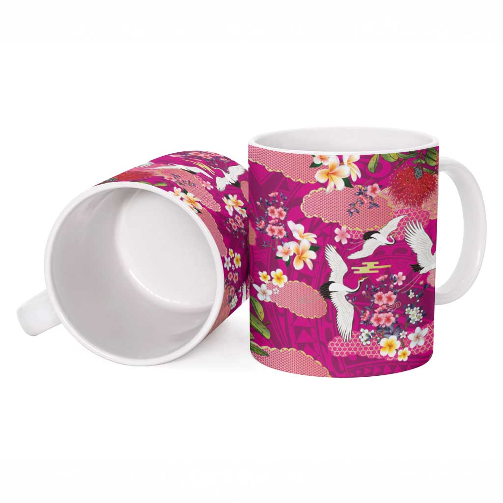 Hawaiian and Japanese Culture Together Ceramic Mug Pink Ohia Lehua Plumeria and Sakura Blooming LT03 - Polynesian Pride