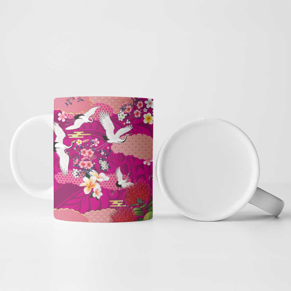 Hawaiian and Japanese Culture Together Ceramic Mug Pink Ohia Lehua Plumeria and Sakura Blooming LT03 - Polynesian Pride