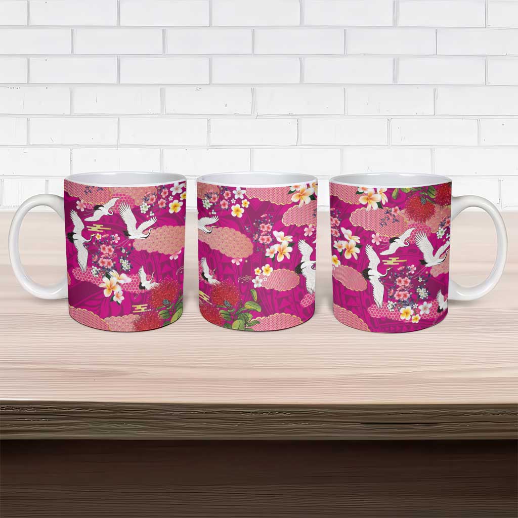 Hawaiian and Japanese Culture Together Ceramic Mug Pink Ohia Lehua Plumeria and Sakura Blooming LT03 - Polynesian Pride