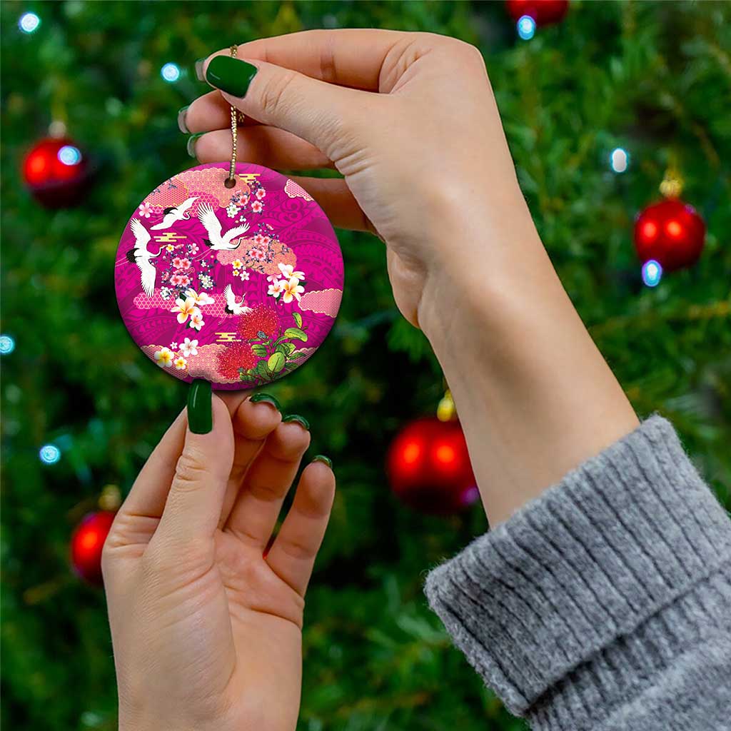 Hawaiian and Japanese Culture Together Ceramic Ornament Pink Ohia Lehua Plumeria and Sakura Blooming LT03 - Polynesian Pride