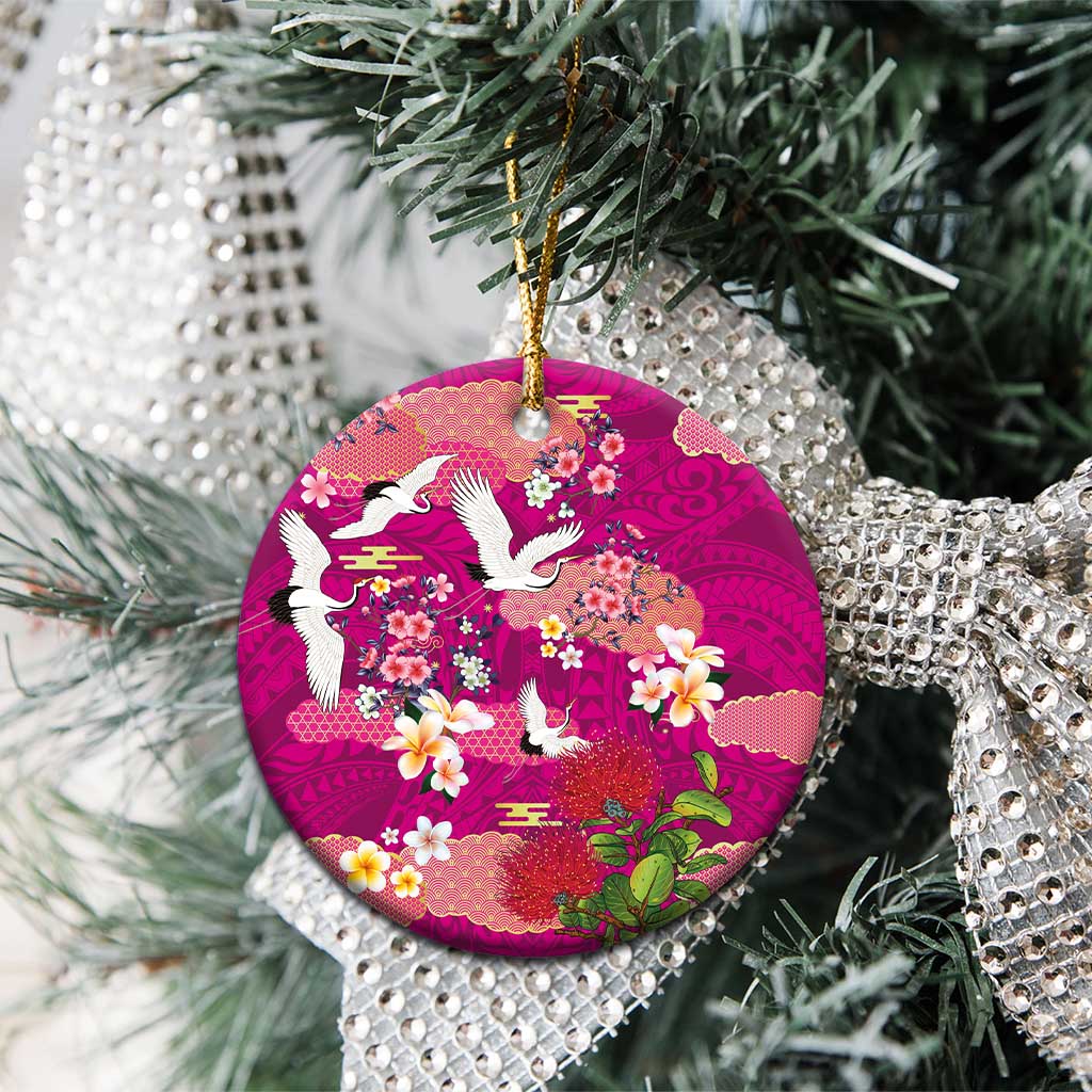 Hawaiian and Japanese Culture Together Ceramic Ornament Pink Ohia Lehua Plumeria and Sakura Blooming LT03 - Polynesian Pride